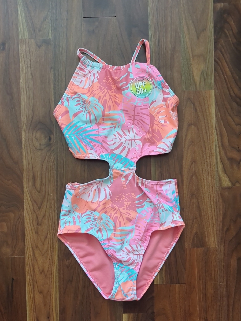 NWT Hurley Girls Pink & Aqua Tropical Cutout One-Piece Swimsuit